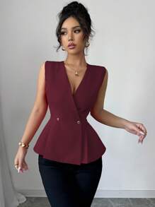 Elenzga 女式休闲 V 领无袖衬衫，带褶边，金属纽扣，优雅度假办公装，春夏