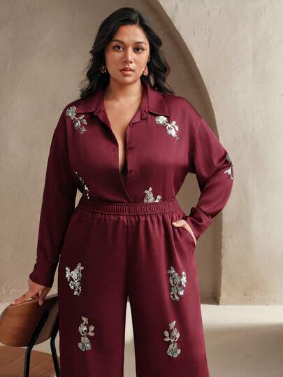 Anewsta Plus Size Elegant Casual Vacation 2pcs Outfit - Green Embroidered Sequins Shirt & Pants Set, Sophisticated Urban Style, Spring/Summer