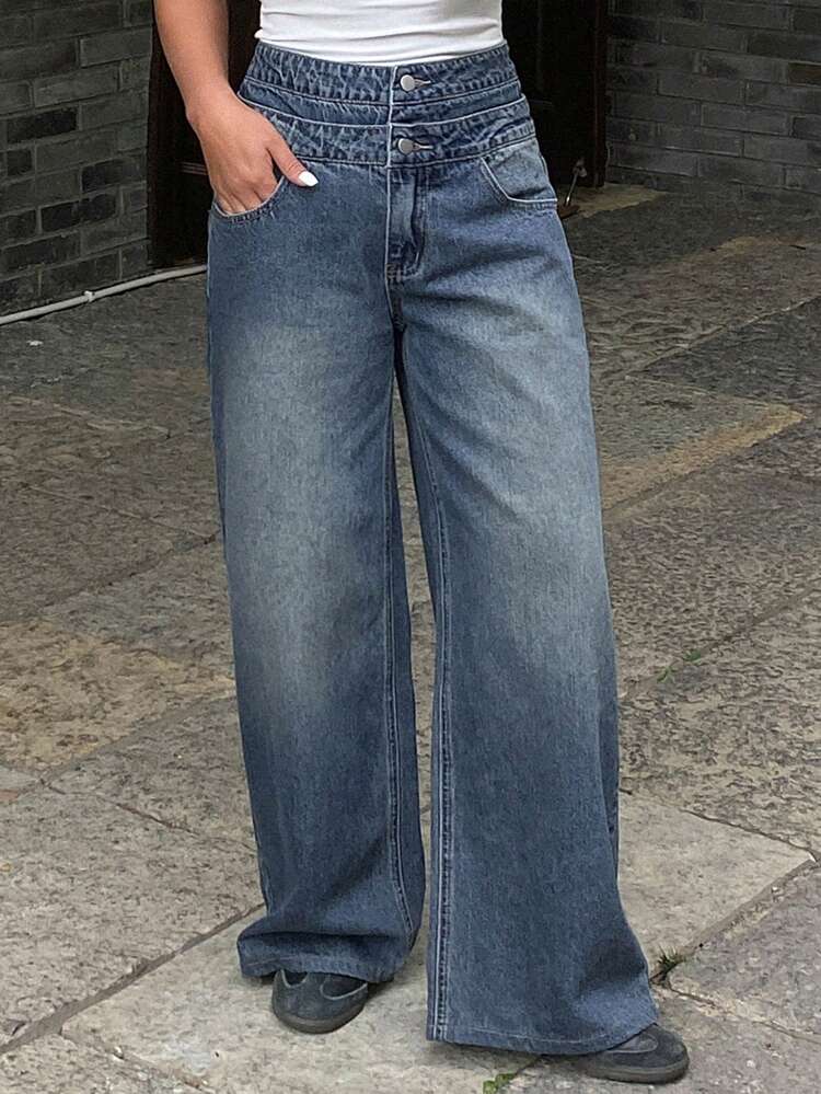 Women's Double Waistband Design Straight Leg Jeans