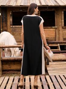 LanaWest Vestido casual de media/larga longitud con bloque de color en forma de H, para uso diario y de vacaciones en el campo