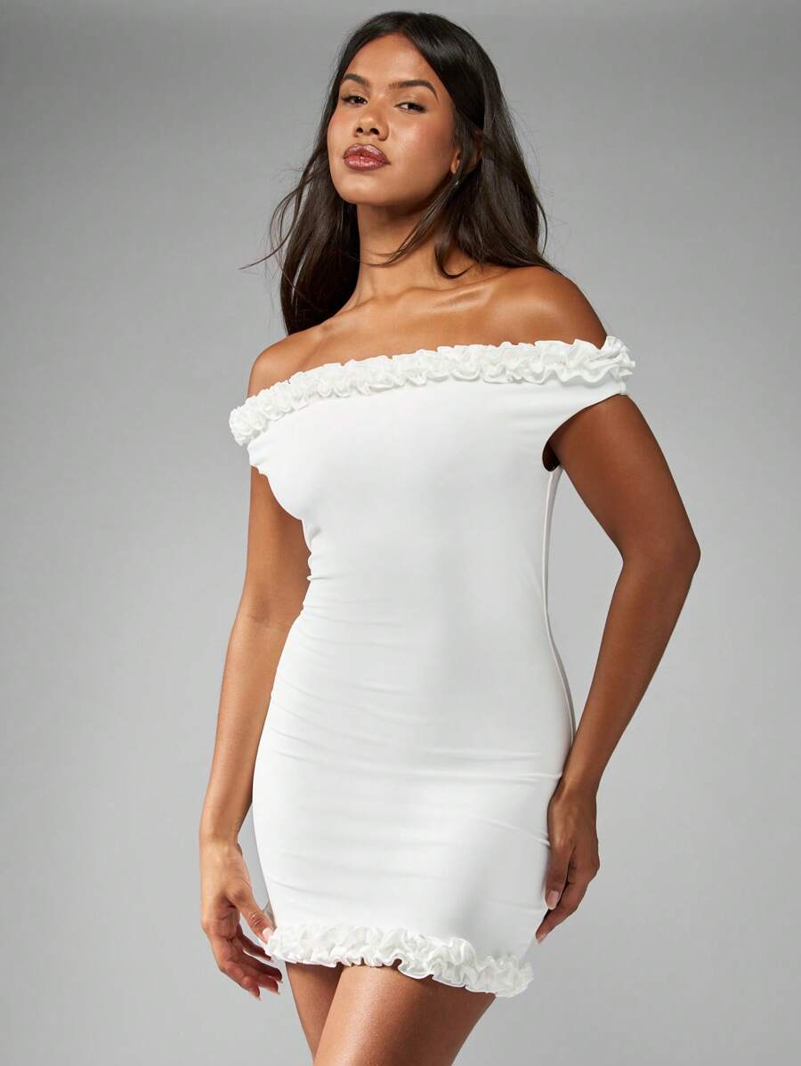 MISSGUIDED Off Shoulder Ruffle Trim Stretch Mini Dress Bodycon Party Club Night Out Summer Wedding Guest Celebration Statement - White - View 1