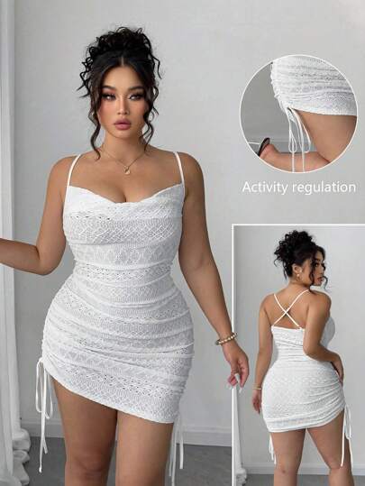 Elenzga Plus Size Women Solid Color Knit Textured Hollow-Out Pattern Semi-Sheer Cinched Waist Slip Dress