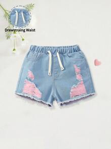 Quần short denim cạp chun co giãn thoải mái, dáng rộng, phong cách đại học dành cho bé gái tuổi teen - Rửa nhẹ - Xem 1
