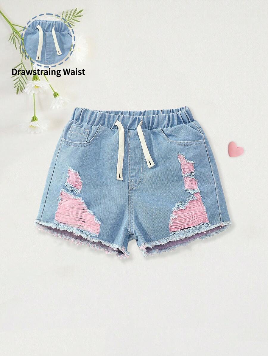 Quần short denim cạp chun co giãn thoải mái, dáng rộng, phong cách đại học dành cho bé gái tuổi teen - Rửa nhẹ - Xem 1