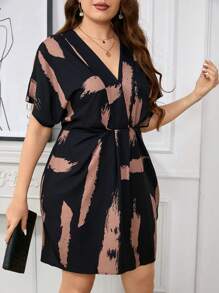 SHEIN Clasi Plus Size Summer Casual Color-Block Printed Batwing Sleeve Cinching Waist Dress - Black - View 4