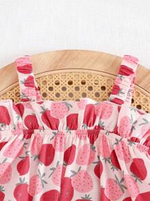 Cozy Pixies Baby Girl Strawberry Pattern Camisole Top And Solid Color Elastic Waist Shorts 2 Pieces Set