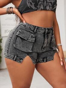 SHEIN SXY Quần short denim co giãn cỡ lớn dành cho nữ, quần short denim bó sát gợi cảm với đường cắt xẻ táo bạo, thích hợp cho mùa hè và các lễ hội. - Màu xám đen - Xem 3
