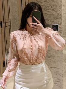 DAZY Women's Elegant Pleated Sequin Decorated Tie Front Long Sleeve Blouse, Summer Luxury - Pink - View 7