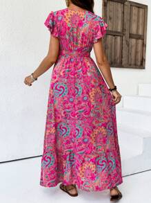 SHEIN Schwangerschaftskleid im Urlaubsstil mit Cashew-Muster, Rüschen an Ärmeln und Taille, figurbetonter Passform in Midi-Länge für Schwangere im Sommer