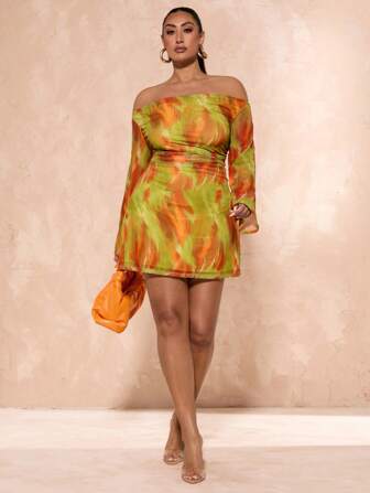 SHEIN BAE Plus Size Women Elegant Large Floral Mesh Print Bodycon V-Neck Dress, Long Length, Fitted, Arm Flattering, Suitable For Daily, Outing, Date, Afternoon Tea, Vacation, Spring/Summer, Back To School Season Dresses For Women Elegant Women Formal,Beach Dress Sundress,Holiday Outfits Boho,Graduation