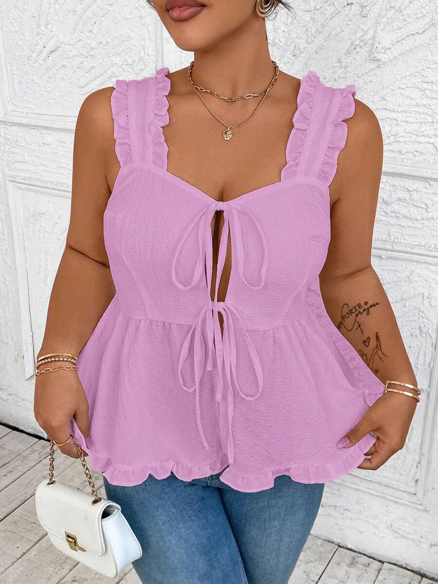 SHEIN Clasi 大码女式纯色前系带荷叶边无袖衬衫 - 紫色 - 查看 1