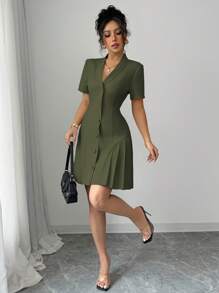 Elenzga Abito mini elegante da donna, a tinta unita, stile francese, con colletto alla coreana, decorazione con bottoni, vita segnata, gonna plissettata, maniche corte, adatto per pendolarismo, casual, vacanze
