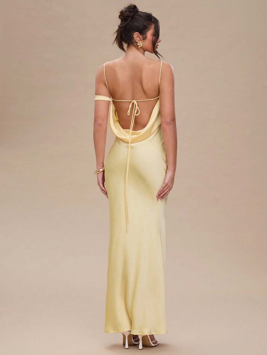 SHEIN BAE Women's Summer Clothing Pure Yellow Satin Backless Fishtail Slim Maxi Dress,Butter Yellow Dress,Summer Outfits For Women,Summer Dresses For Women,Prom Dress,Wedding Guest Dress Women,Formal Dresses For Women,Graduation Dresses For Women - Yellow - View 1