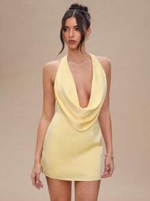 SHEIN BAE Quần áo mùa hè cho phụ nữ màu vàng trơn cổ khoét sâu hở lưng bằng vải satin mini cho nữ/váy cho nữ/váy dạ hội/váy tốt nghiệp/váy dự tiệc cưới cho nữ/váy vàng bơ,váy mùa hè cho nữ - Màu vàng - Xem 6