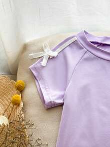 2 Stücke/Set Kleinkind Mädchen lila Kurzarm Top und Hose Lässig Sportanzug, verziert mit Schleife und Schleife, geeignet für Kleinkind Mädchen im Sommer, vielseitig kombinierbar