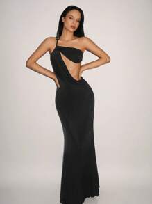 SHEIN ICON 女式不对称单肩透明面料连衣裙 - 黑色 - 查看 5
