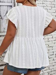 SHEIN CURVE+ Plus Size Summer Beach Vacation Lace Trimmed V-Neck Blouse,T-Shirt Boho Vacation - White - View 2