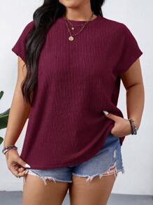 SHEIN LUNE Plus Size Women's Solid Color Round Neck Short Sleeve Casual Loose Blouse - Red Violet - View 6