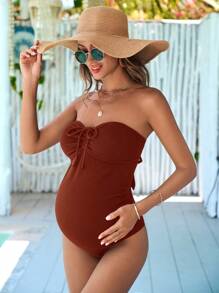 SHEIN 孕妇纯色前抽绳连体抹胸泳衣 - 棕色 - 查看 4