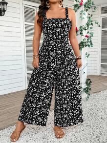 SHEIN VCAY Plus Size Casual Ditsy Floral Sleeveless Jumpsuit - Black - View 5