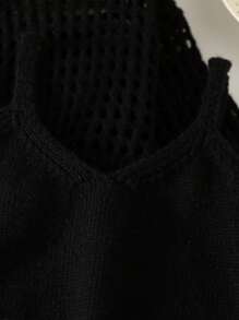 SHEIN Tween Girl Hollow-Out Long Sleeve Sweater And Solid Color Camisole Knit Tops Set, Spring/Summer - Black - View 3