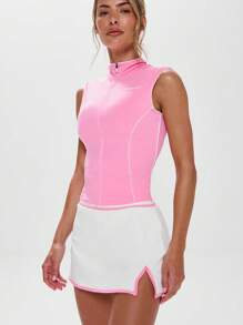 Musera Sport High Neck Contrast Piping Zip Through Sleeveless Vest Active Workout Gym ,Padel Tennis Racquetball Pickleball Gym Fitness - Multicolor - View 2