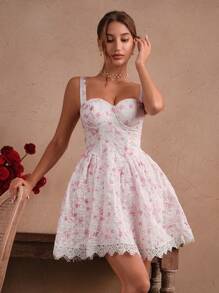 SHEIN Unity Robe de fête élégante, vacances, party, ajustée, avec garniture en dentelle rose, évidée et brodée pour les femmes - Rose bonbon - Voir 3
