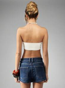 MISSGUIDED Quần short denim cạp cao mùa hè co giãn quần short jean mini cổ điển phong cách Y2K bãi biển thường ngày lễ hội cắt gấu thô sờn quần bó nóng bỏng - Rửa tối - Xem 2