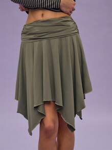 COUREZ 褶皱腰带飘逸迷你裙夏季女装/Y2K/休闲海滩度假复古风 - 軍綠色 - 查看 6