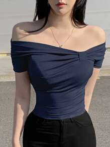 DAZY Women's Asymmetrical Bow Off Shoulder Casual Short Sleeve T-Shirt, Sexy & Minimalist Chic Summer Top