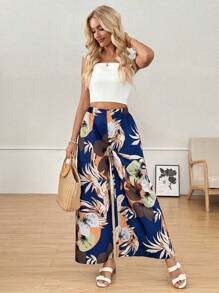 SHEIN Clasi Pantalones anchos y holgados de estampado de plantas tropicales para mujer, adecuados para vacaciones