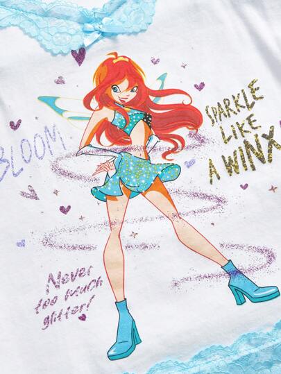 Winx Club X ROMWE Top de camisola de encaje con estampado floral, estilo Y2K, apto para primavera/verano