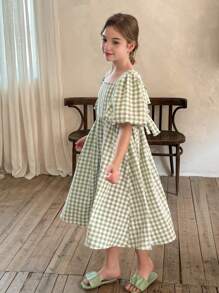 SHEIN LMoss Kids Tween 女童纯色方领主教袖修身休闲连衣裙