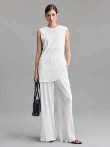 Ontre 2 件套女士纯色无袖上衣和裤子套装，简约都市通勤装 - 白色 - 查看 3