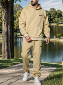 Manfinity Homme 男士运动衫套装，长袖运动衫和裤子，简约休闲风格，适合日常穿着 - 卡其色 - 查看 4