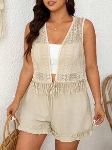 SHEIN Frenchy Plus Size Sleeveless Plain Minimalist Jacket, Suitable For Summer Fall/Winter - Apricot - View 6