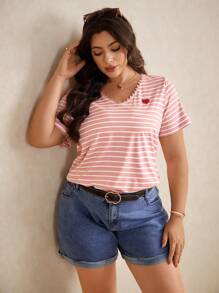 Elaquor Camiseta de manga corta con rayas y bordado de corazón, informal y de talla grande, para verano