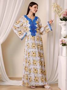 Al Najma Women's Floral All-Over Print Lace Decorated Long Tunic & Arabic Traditional Maxi Dress, Modest Kaftan - Multicolor - View 4