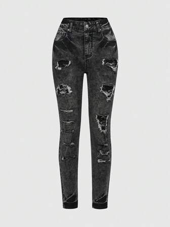 Grunge Punk Jeans skinny in denim vintage lavato e consumato con tasche da donna