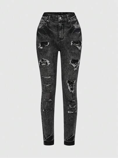 Grunge Punk Jeans slim en denim vintage délavé et déchiré avec poches pour femmes