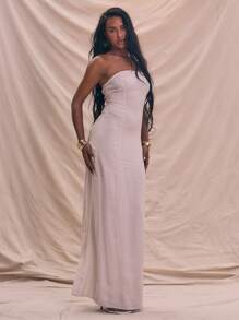 MUSERA Bandeau-Trägerlos Leinen Gerade geschnittenes Maxikleid Frühling Sommer Urlaub Feiertag Elegant Strandmode Boho Romantisch Ibiza Leinenoptik