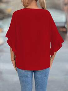 SHEIN Clasi Plus Size Hollow Out Collar Ruffle Sleeve Solid Color Blouse - Red - View 2