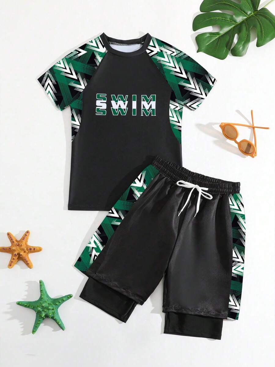 Tween Boy Floral Print Split Swimwear - Green - View 1