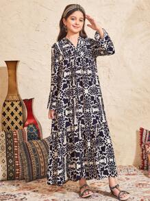 SHEIN Tween 女童复古印花长袖 A 字形宽松度假连衣裙 - 藏蓝色 - 查看 5