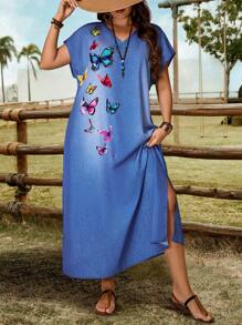 EMERY ROSE Plus Size Women's V-Neck Blue Denim Effect Long Dress With Side Slit, Summer Vacation Outfits Women,Simple And Fashionable For Everyday Wear,Spring - Blue - View 5