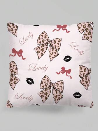 Kawaii 1 pezzo Federa cuscino quadrato in velluto morbido con stampa fiocco, labbra e testo inglese, adatto per soggiorno, camera da letto, decorazione della casa, divano, auto, per tutte le stagioni