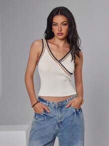 Roylia Women V-Neck Sleeveless Cropped Fitted Casual Knit Top - White - View 1
