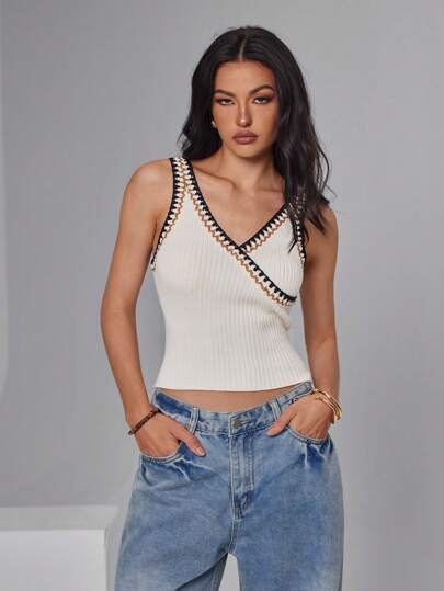 Roylia Women V-Neck Sleeveless Cropped Fitted Casual Knit Top