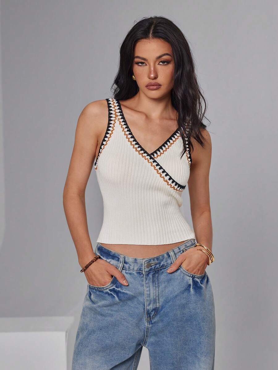 Roylia Women V-Neck Sleeveless Cropped Fitted Casual Knit Top - White - View 1