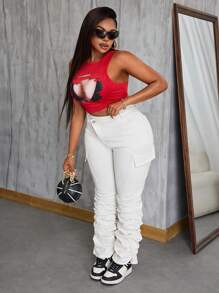 SHEIN SXY Damen Große Größen Jeans rot elastisch Mode personalisierte extra lange weite Hosen